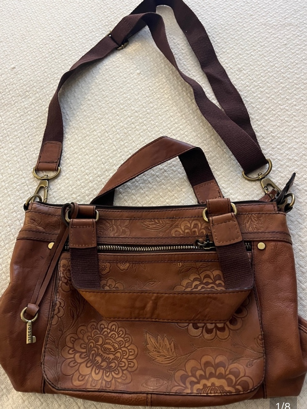 Embossed leather Vintage Brown Floral Leather Satchel Shoulder Bag
